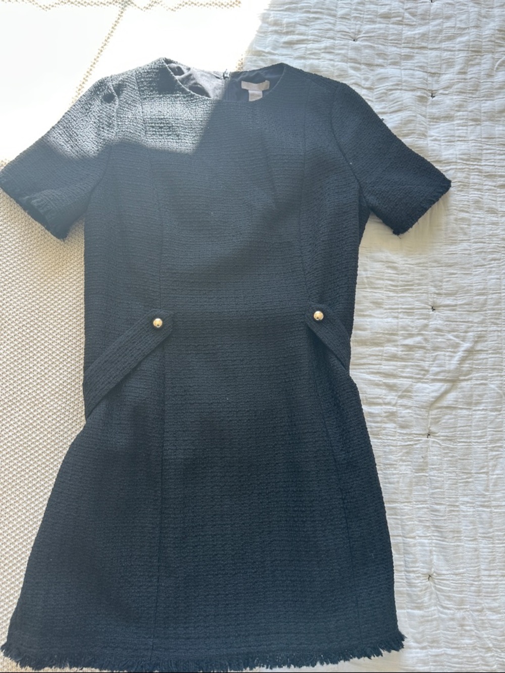 H&M Black Short-Sleeve Textured work Dress with Gold Buttons
